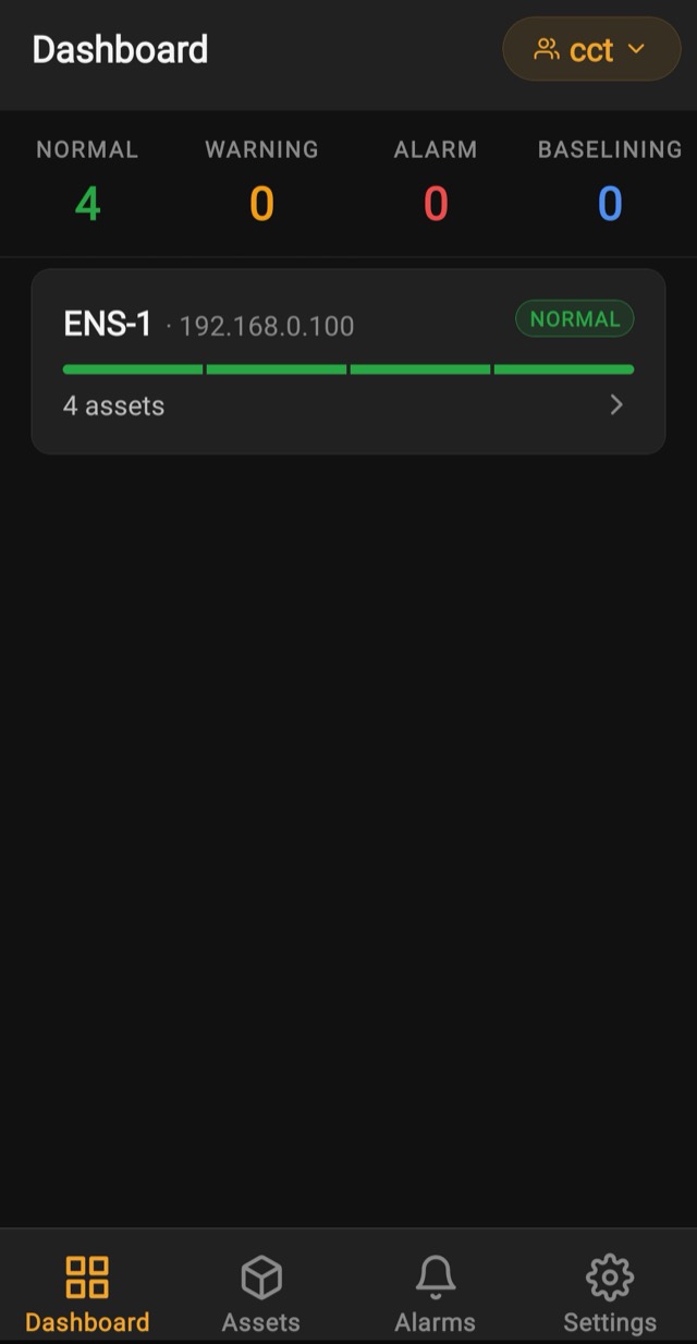 EWA mobile app — asset dashboard with live status counts