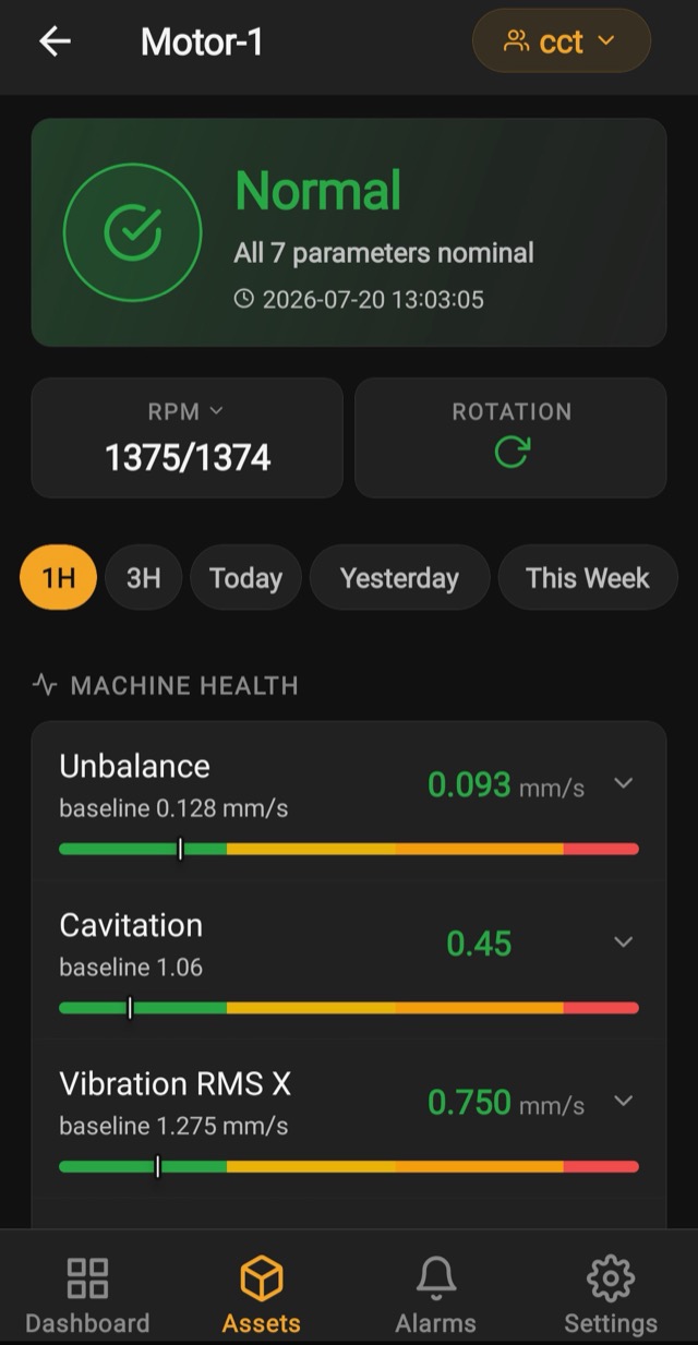 EWA mobile app — machine health detail with parameter gauges